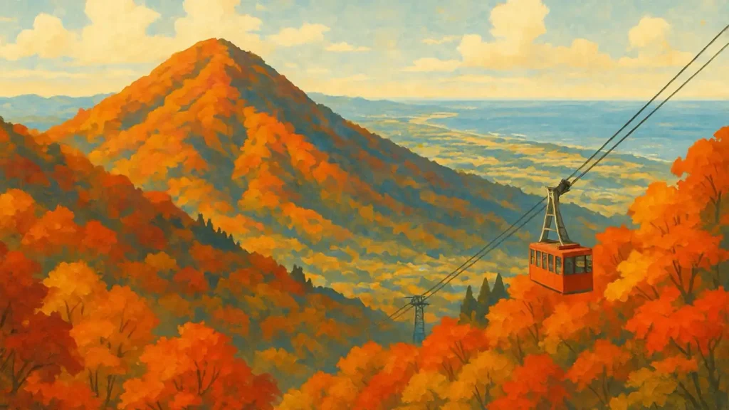 秋に紅葉する新潟県の弥彦山とロープウェイを描いたイラスト