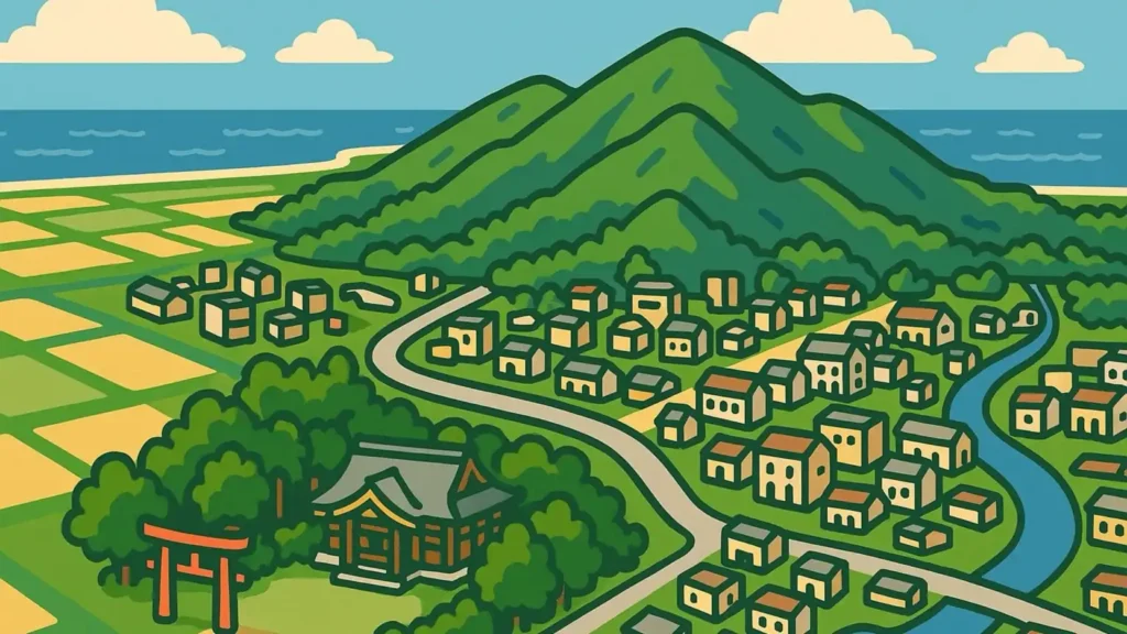 上空から見た弥彦の町と弥彦山のイラスト