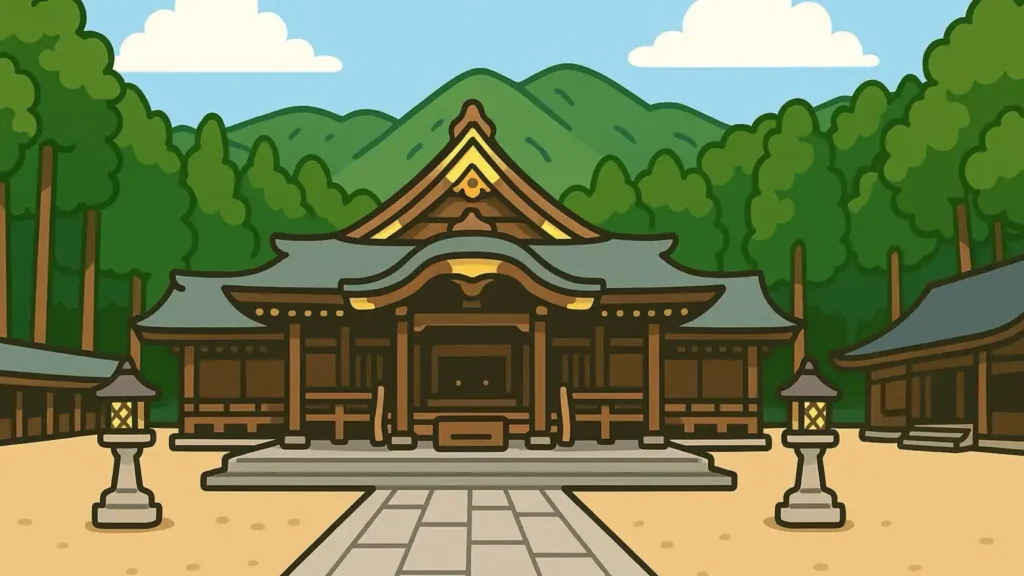 新潟県弥彦神社の本殿をカラフルに描いたかわいいイラスト